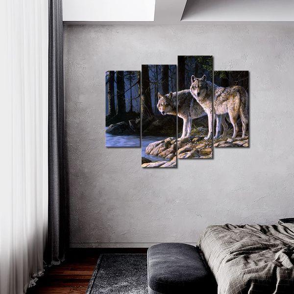 Two Wolf Stand On River Bank Forest Wall Art Painting Wolves Pictures Print On Canvas Animal The Picture For Home Modern Decoration 2