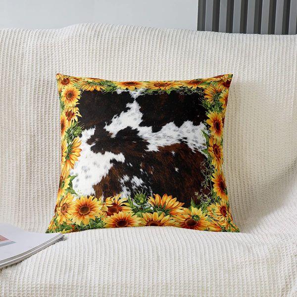 Cow Print Pillow Cover 18X18 Inch Yellow Sunflower Rustic Plant Decorative Square Cushion Cover White Brown Western Land Farmhouse Animal Cushion Case for Party Housewarming Office RV,2 Pack 1