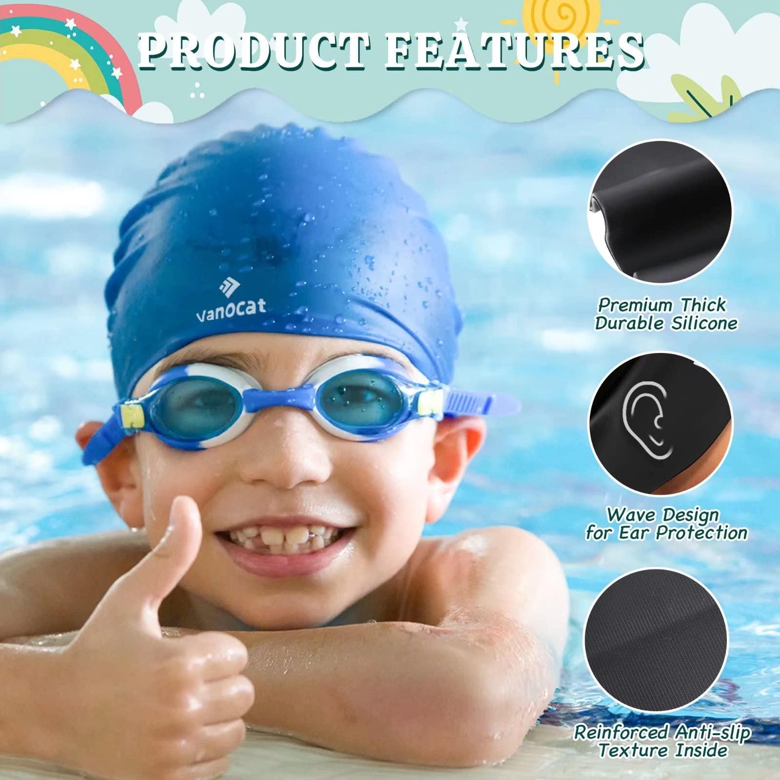 Vanocat 2 Pack Kids Swimming Cap Short/Long Hair, Unisex Silicone Swimming Hat, Waterproof Shower Swim Cap for Girls Boys with Ear Plugs & Nose Clip（Pink+Sky Blue）, Age 8-15- 2