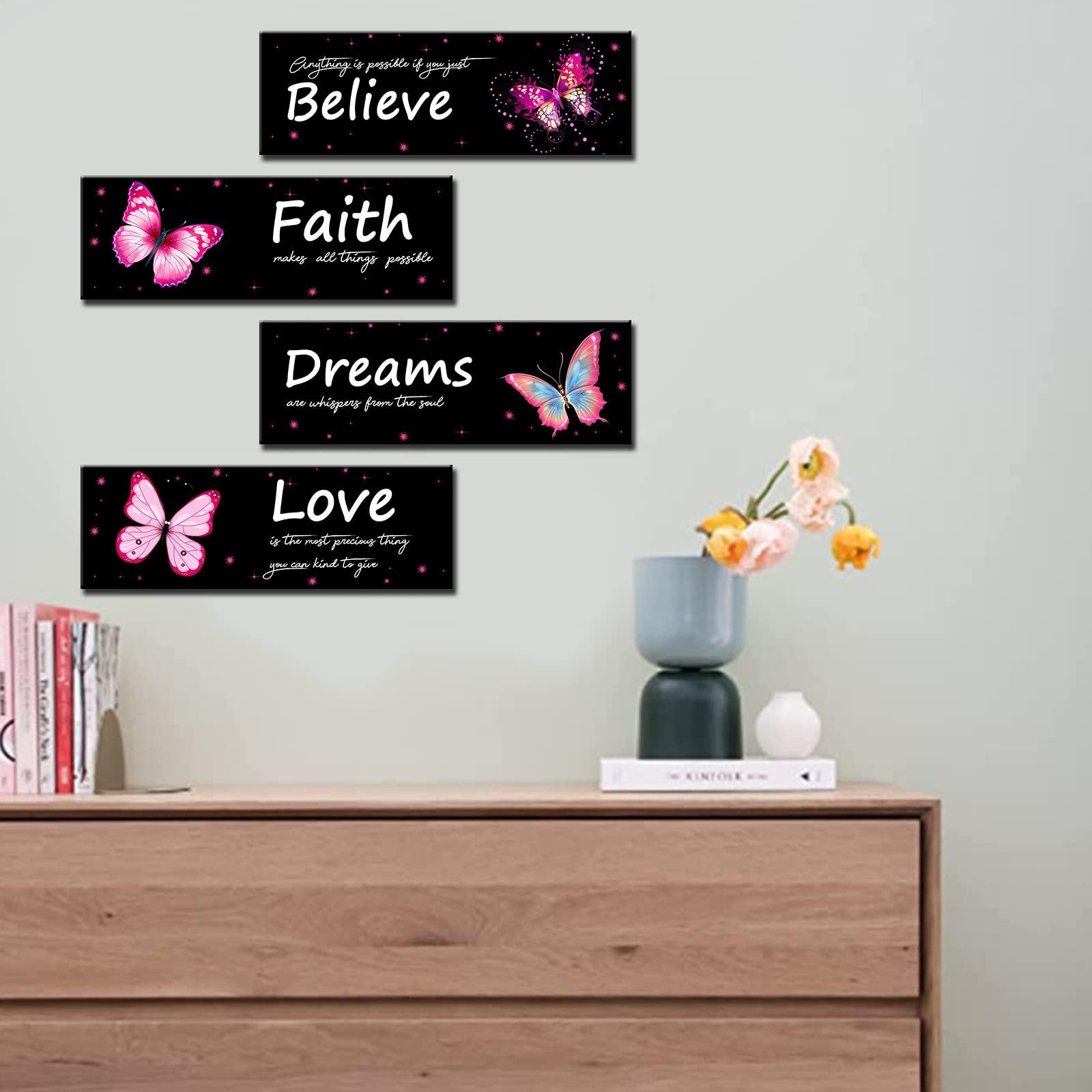 4 Pieces Butterfly Wall Decor Love Faith Believe Dreams Wall Art Wooden Inspirational Quote Hanging Signs Rustic Pink Stars Wall Plaque for Home Bathroom Living Room Decorations 12x4 inches 1