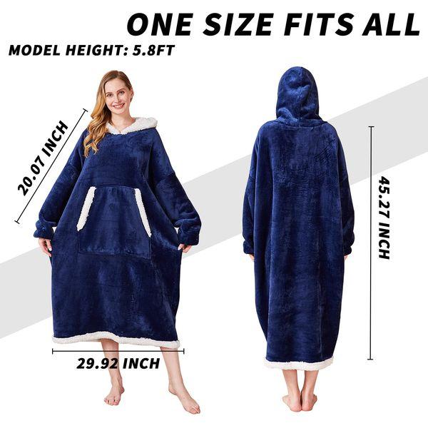 Oversized Blanket Hoodie for Women & Men, 400 GSM Sherpa Warm Cozy Long Wearable Snuggle Hoodie for Adults, TV Blanket Over Length, Navy 3