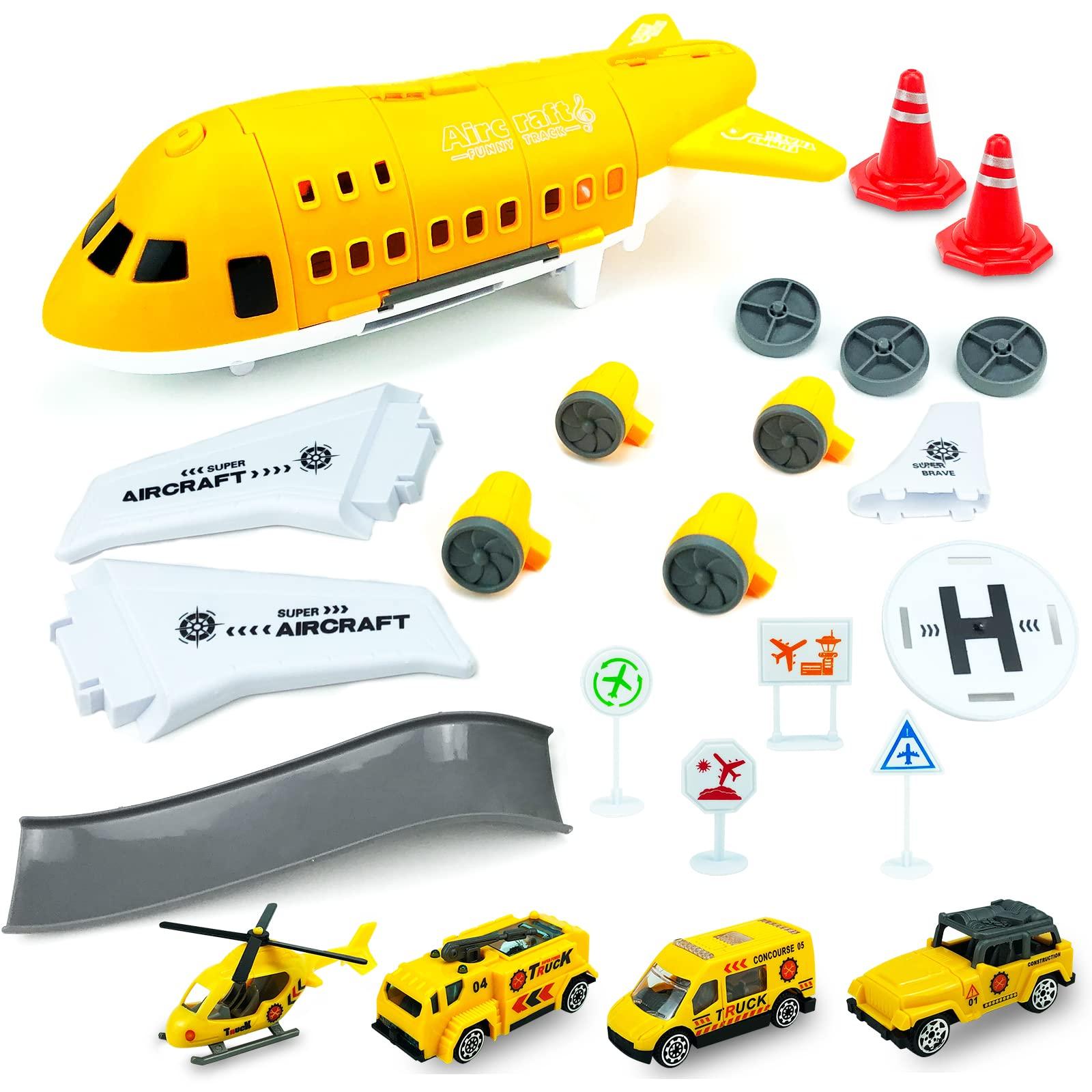 Ynybusi Plane Toy Transport Cargo Airplane Toys for 2 3 4 5 6 Year Old Boys Girls,Kids Aircraft Playsets with 1 Helicopter & 3 Construction Cars & 6 Road Signs 4