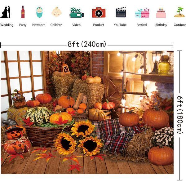 INRUI Fall Photography Background Autumn Pumpkin Harvest Decorations Farm Pumpkin Haystack Vintage Wooden Photo Backdrop (8x6FT) 2