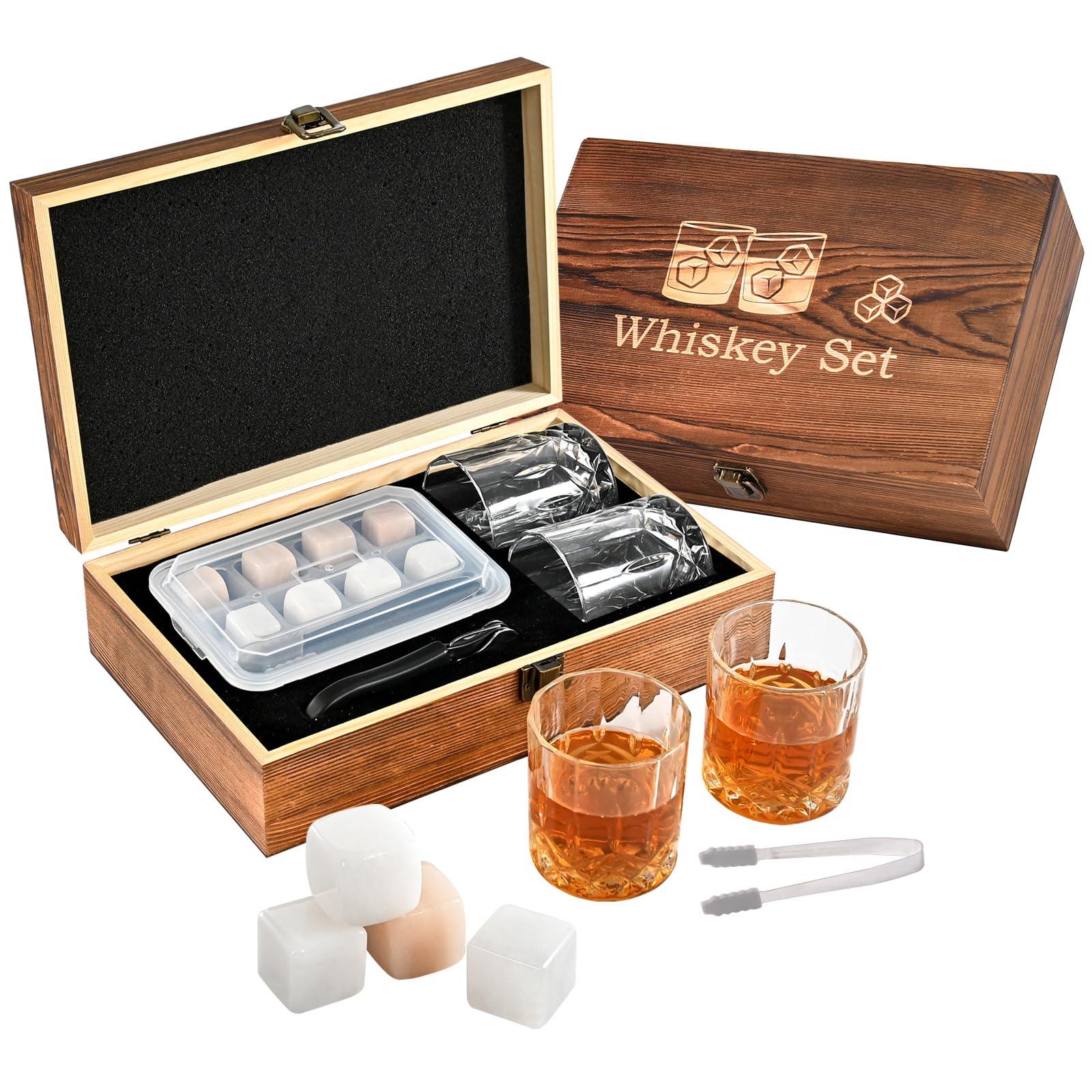 EooCoo 8pcs Marble Whisky Stones Gift Set for Men, Premium Wooden Box with Glasses,Two-Color Design Suitable for Couples/Friends, Easy Storage, for Anniversary Birthday Wedding Housewarming 0
