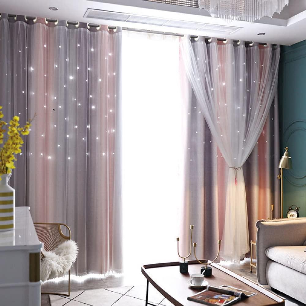 Lanqinglv Girls Curtains with Sheer Net - Kids Room 2 Panels Stars Blackout Curtain with Hollow Out Design,Pink Grey Double Layer Star Cut Out Living Room Window Curtains Nursery,W 52 in x L 63 in