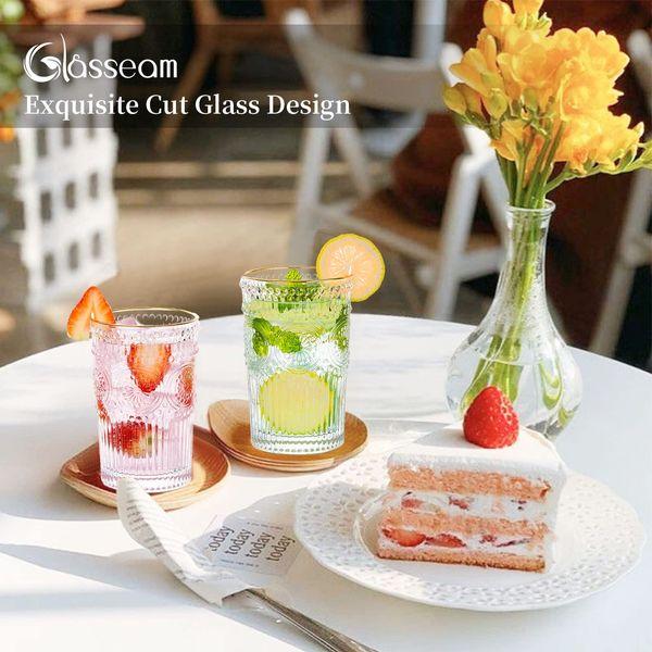 Glasseam Water Glasses Drinking, 400ML Clear Vintage Tumblers Glass Set of 6 Tall Highball Glass for Juice Coffee Tea for Party, Bar 3