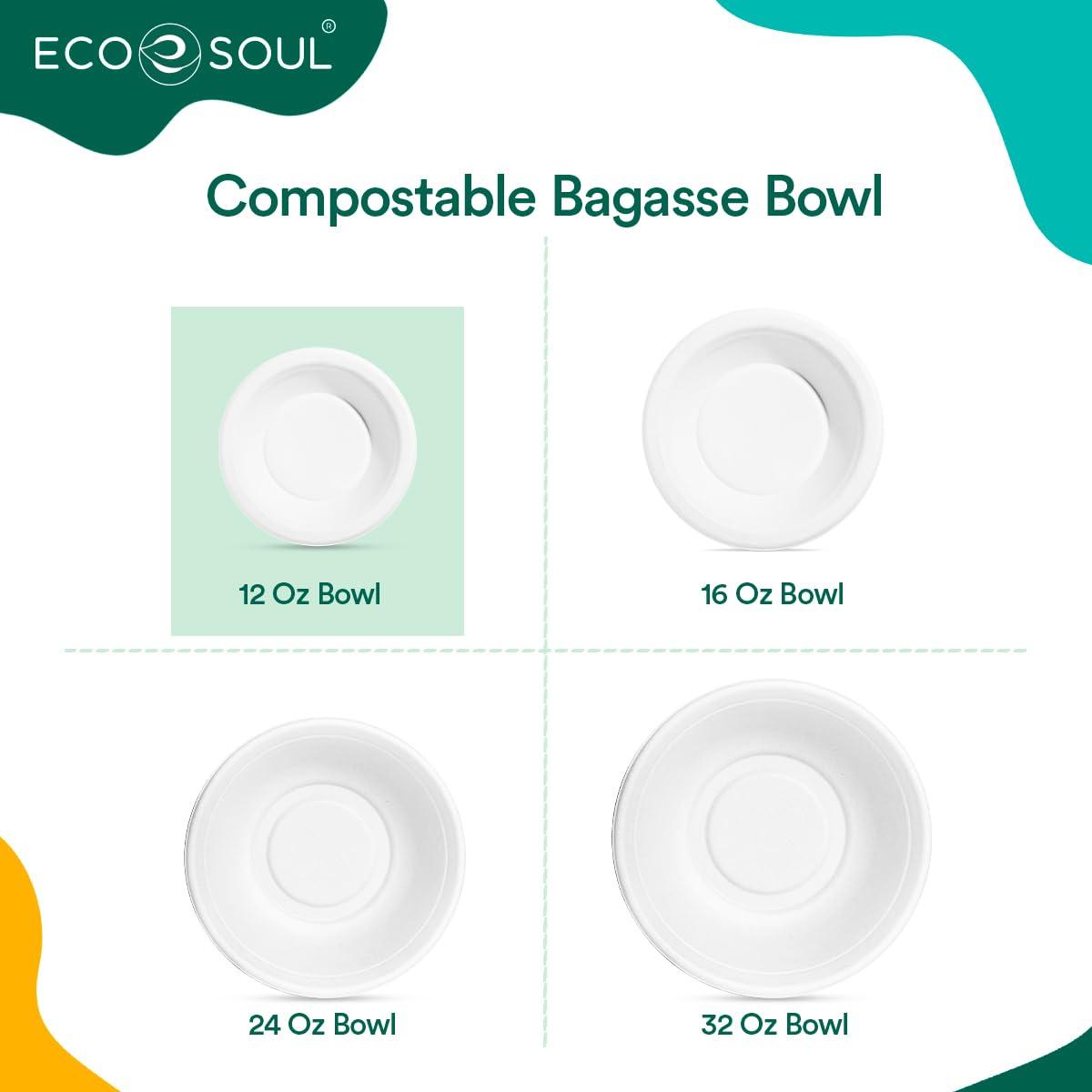 ECO SOUL Pearl White Round 350 ml(12oz) Bagasse Bowls, 10x Times Sturdy Than Paper Plates(Pack of 50), Disposable Tableware, 100% Compostable, Eco Friendly Alternative to Plastic Bowls, Microwavable 3