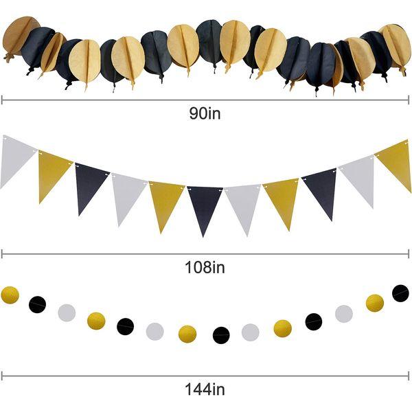 Party Decoration Birthday Festival Set - Huryfox 33pcs Black and Gold Bunting Decorations Paper Pom Poms Supplies Garland Hanging Honeycomb Balls Suitable for Holiday Garden Indoor Home Decor 4