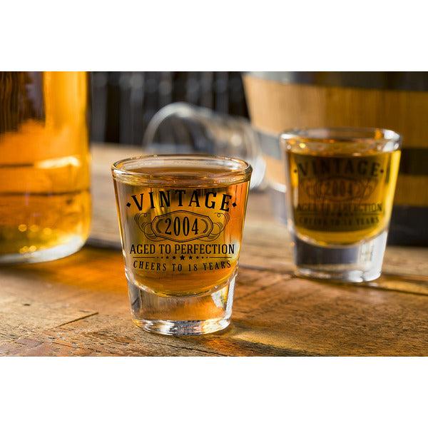 2pk Vintage 2004 Printed 2oz Shot Glasses - 18th Birthday Aged to Perfection - 18 Years Old Gifts 2