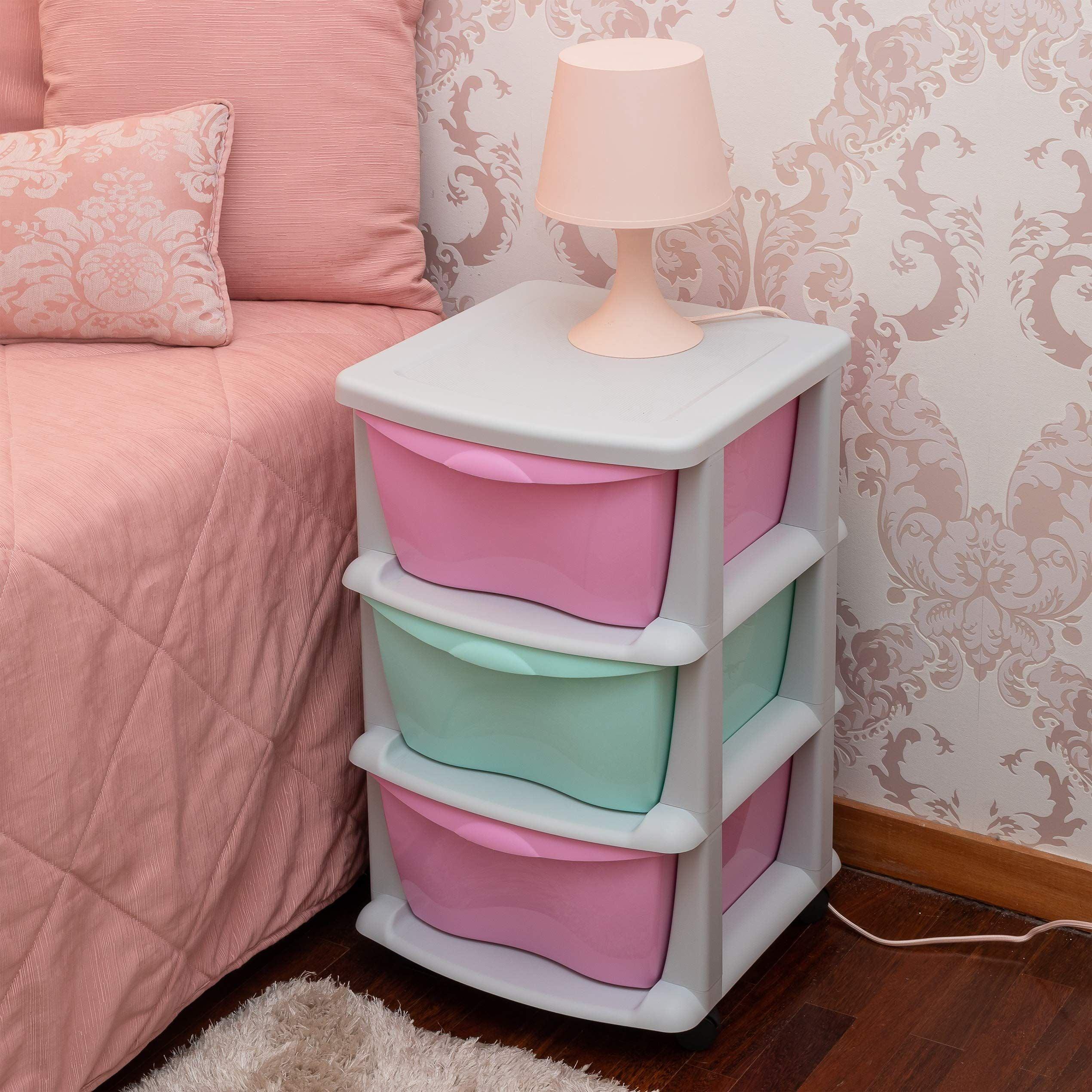 Maxi Nature Plastic Storage Drawers on Wheels - Sturdy Frame, Durable, Heavy Duty Organiser - 3 Tier Large Storage Unit for Kids Bedroom, Bathroom, Office - Made in Europe - Pink/Blue 1