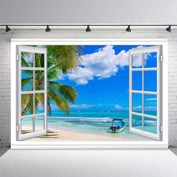 MEHOFOND 8x6ft Summer Beach Window Background Seascape Beach Palm Tree Hawaii Tropical Beach Photography Background Home Wallpaper Decoration Studio Props 1