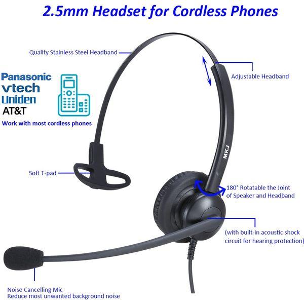 MKJ Telephone Headset for Home Phones with 2.5mm Jack, Corded Call Center Headset with Noise Cancelling Microphone for Panasonic KG-TGEA20 KX-TGA470 Cisco SPA 525G Uniden Vtech DS6151 DS6671-3 CS611 1