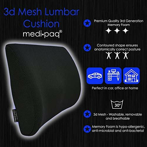 Medipaq - '3D' Mesh Orthopaedic Memory Foam Lumbar Support Cushion - with Air Circulation - Reduce Back Ache, Improve Posture [2018 Updated Version - Now with Adjustable Elastic Strap] 2