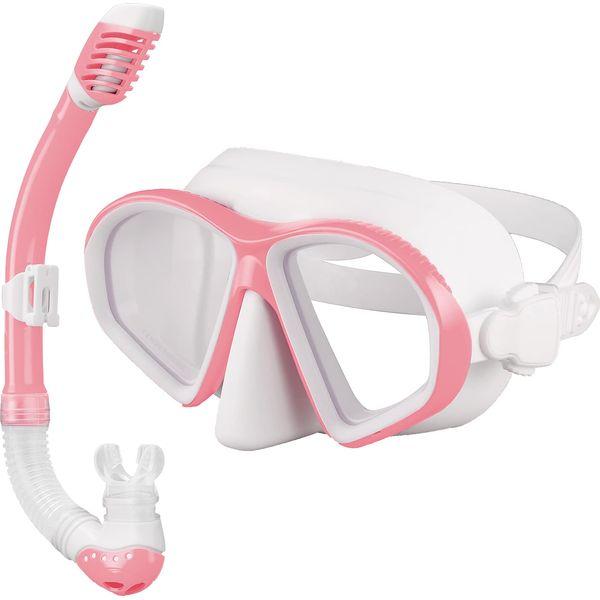 SixYard Dry Snorkel Set for Kids, Anti-Fog Tempered Glass Scuba Diving Mask, Panoramic Wide View Swimming Goggle, Easy Breathing and Professional Snorkeling Gear for Boys and Girls (Pink)