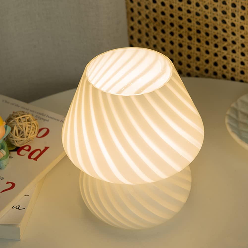 CuisinSmart Led Mushroom Table Lamp,3-color Bedside Glass Mushroom Light Lamp Vintage Striped Style Dimming Energy Saving Bedroom Bedside Night Light for Bedrooms Home Decor Supplies Pink 1