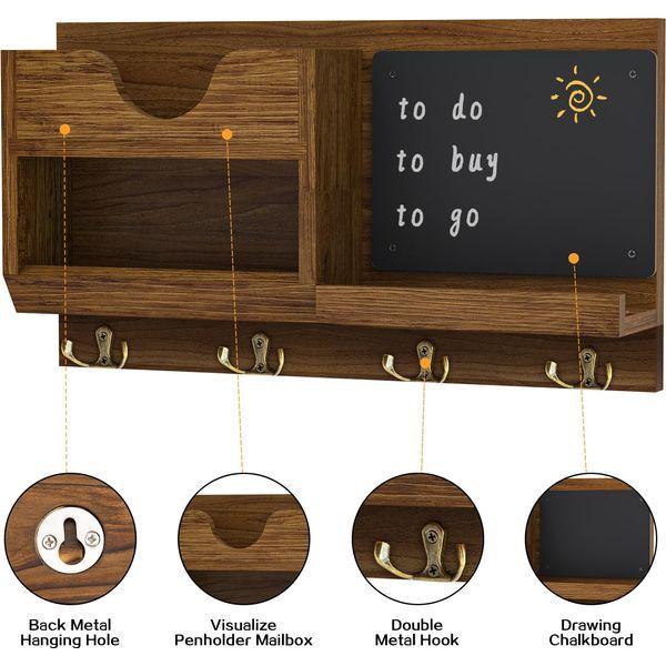 Becontrip Key Holder for Wall Decorative with 4 Double Key Hooks, Wooden Mail Organizer with Shelf, Wall Mount Key Hangers for Keys Letters Bills, Rustic Home Decor for Kitchen 2