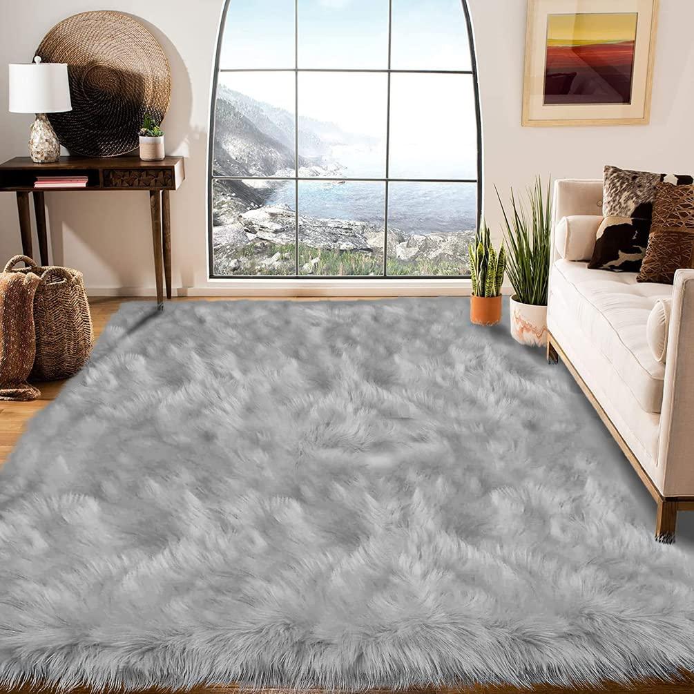 JXLOULAN Faux Fur Area Rugs Soft Grey Fluffy Rug 120 x 160 cm Carpets Faux Sheepskin Rug for Bedrooms Floor Living Room Kids Rooms Decor 3