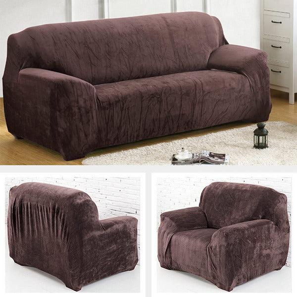 Yeahmart Thick Sofa Covers 1/2/3 Seater Pure Color Sofa Protector Velvet Easy Fit Elastic Fabric Stretch Couch Slipcover (Brown, 1 Seater 90-140cm) 4