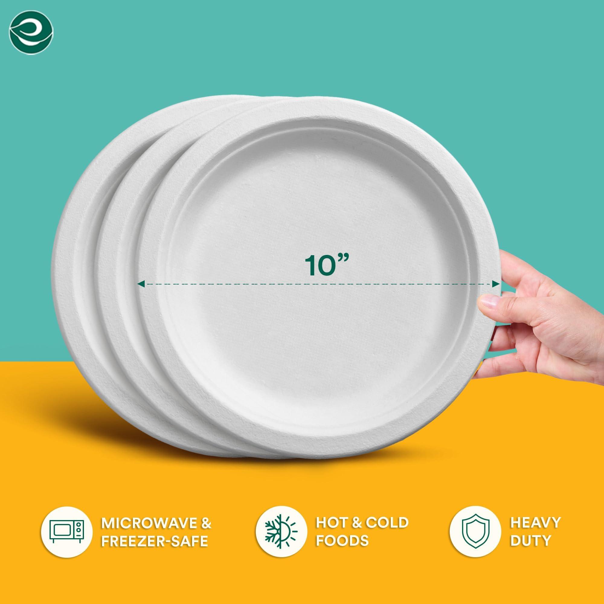 ECO SOUL Pearl White Round 25cm(10") Bagasse Plates, 10x Times Sturdy Than Paper Plates(Pack of 200), Disposable Tableware, 100% Compostable, Eco Friendly Alternative to Plastic Plates, Microwavable 2