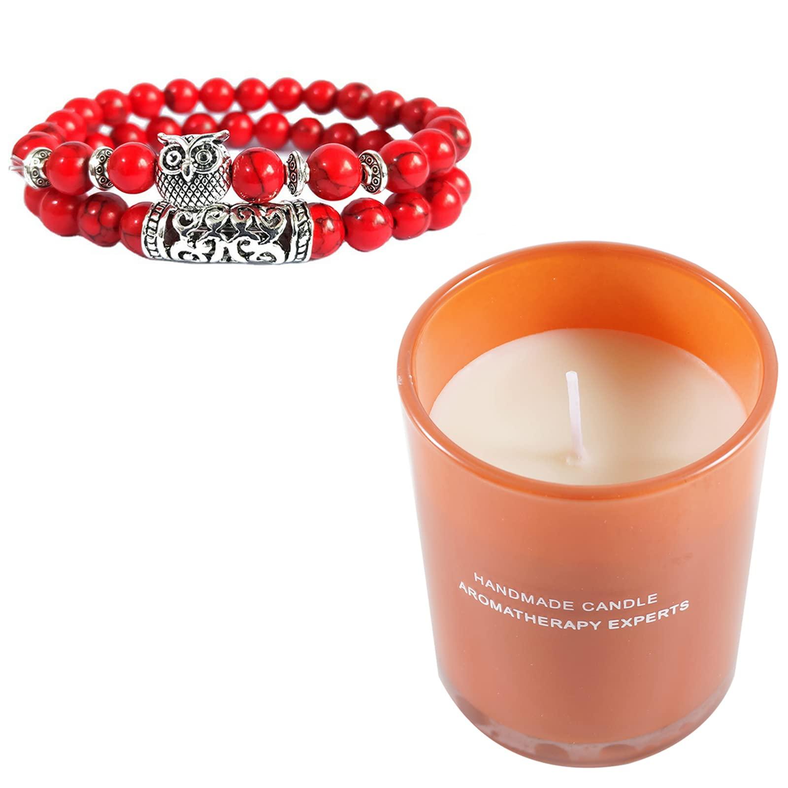 Soulnioi Scented Candle Soy Candle Aromatherapy Candle with 35 Hours Burn Time for Home Fragrance Stress Relief (Grapefruit & Oolong Tea Scent), 2pc Owl Red Agate Volcanic Stone Round Bead Bracelet 0