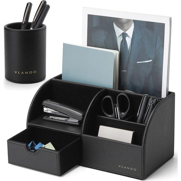 Vlando Desk Organiser Set, Multifunctional Leather Stationery Holder & Pen Pot for Office, School and Home Use, University Gift for Kids (Black) 0