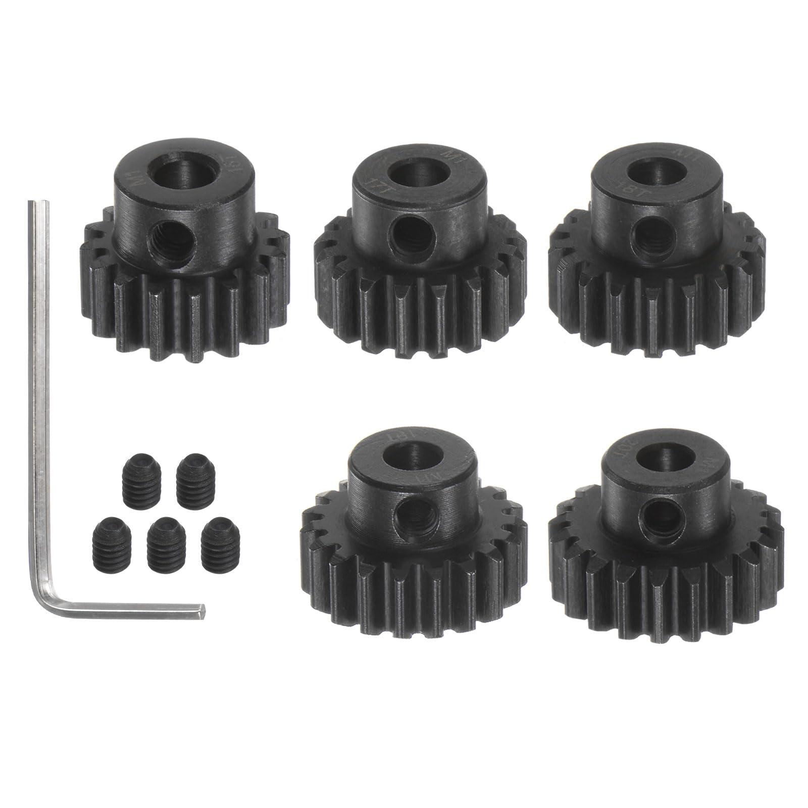 sourcing map Mod 1 M1 Pinion Motor Gear Set 5pcs 16T 17T 18T 19T 20T Fit 5mm RC Motor Shaft M1 Pitch Gears for RC Car, with Hex Key 0