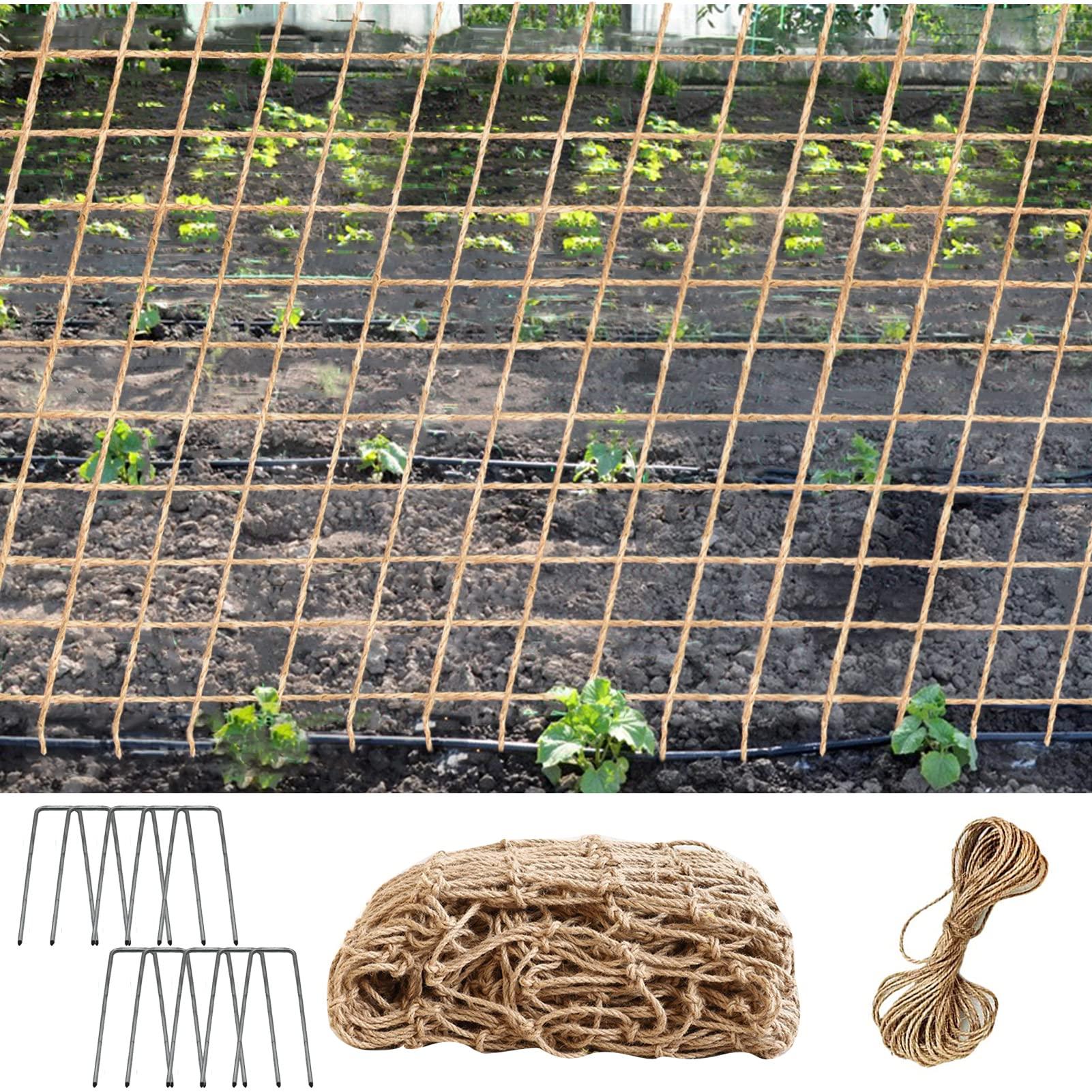 KAZITOO Plant Support Jute Netting for Climbing Plants Sweet Pea Runner Bean, Compostable Natural Netting with 10m Jute Twine for Attaching, Garden Jute Trellis(2mx10m)