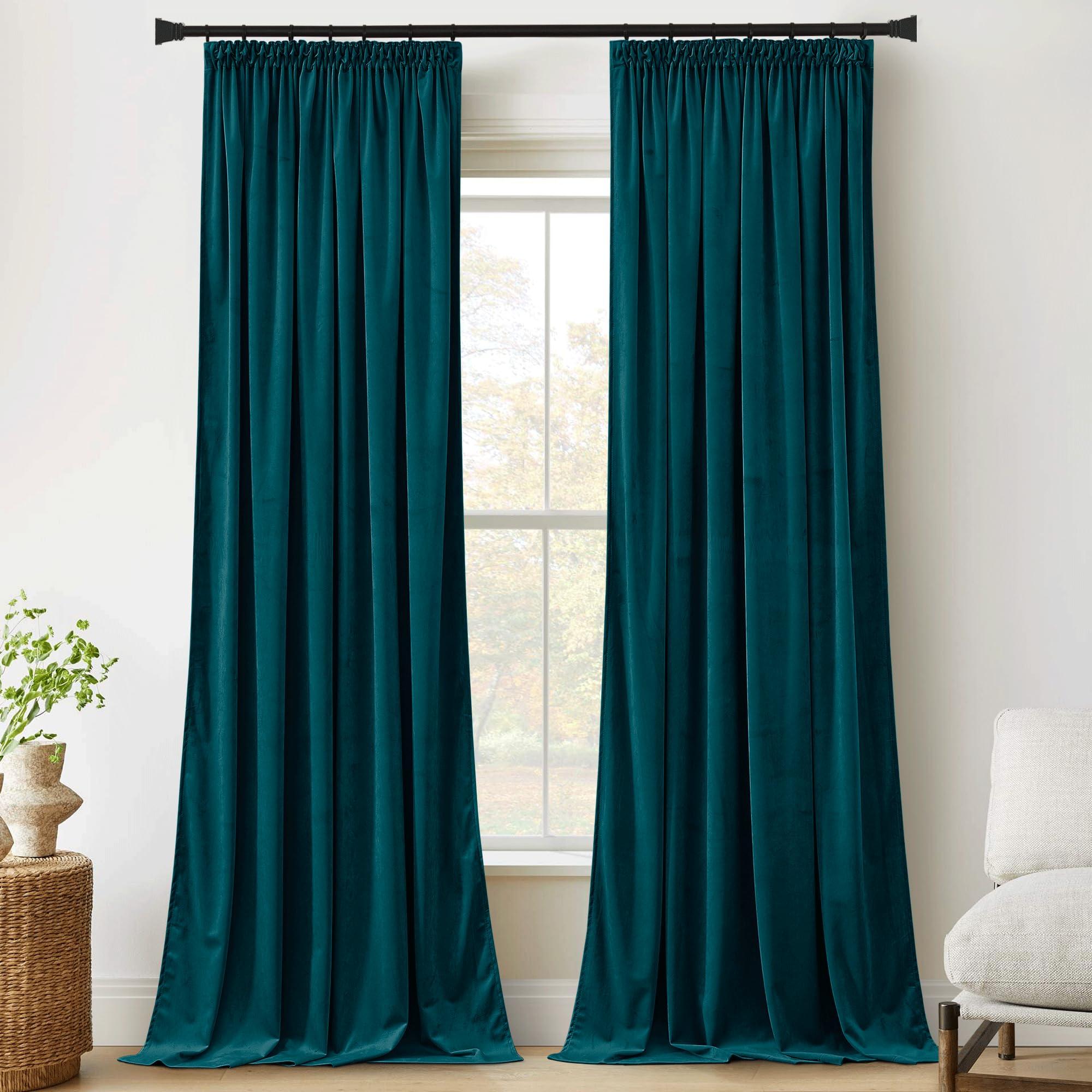 PONY DANCE Blackout Velvet Curtains - Thermal Blackout Curtains Pencil Pleat Drapes for Kids Bedroom 1 Pair of Luxury Elegant Home Decor Window, Rod Pocket Curtains 52x90, Peacock Blue