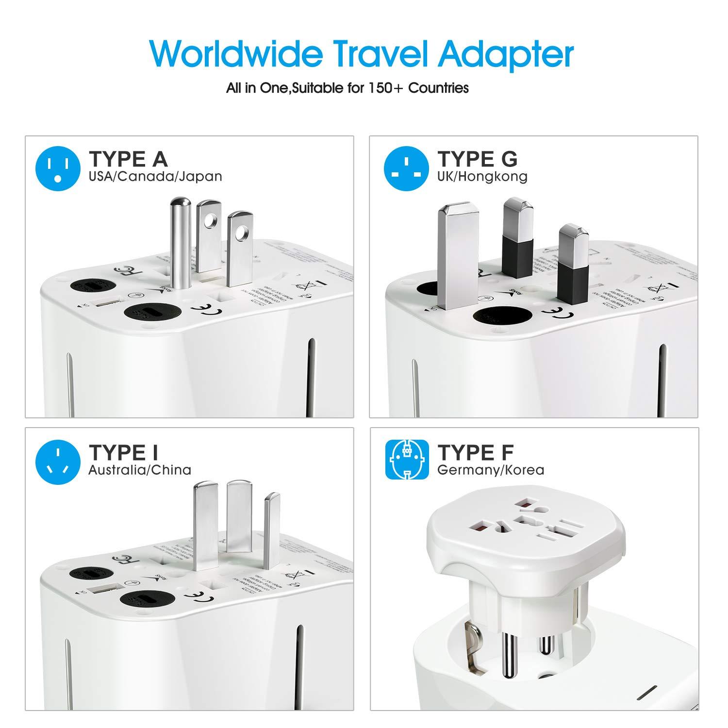 VGUARD Travel Adapter, Type C+4 USB Ports International Universal Power Plug Adaptor with Detachable Europe(Schuko) Plug for USA EU UK AUS Compatible with China Japan Thailand 150+ Countries - White 2