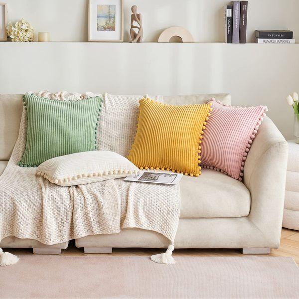 MIULEE Striped Corduroy Fabric Cushion Covers with Pom-poms Solid Cushion Cover Pure Color Pillow Cover Sham Home for Sofa Chair Couch/Bedroom Decorative Pillowcases 20"x20" 2 Pieces Sage green 4