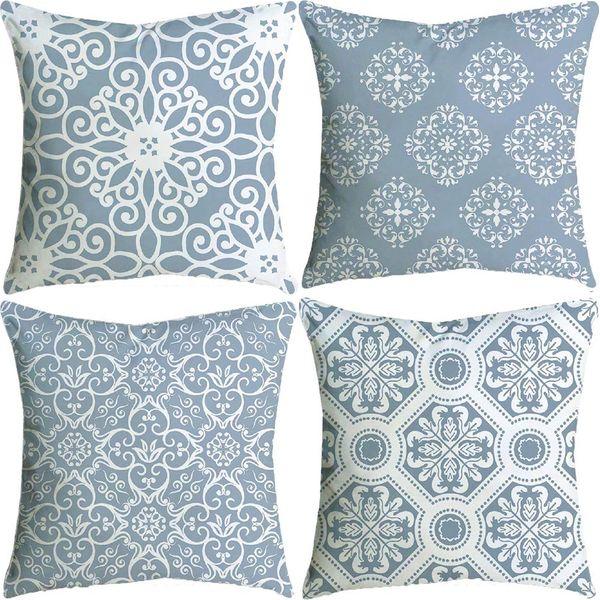 BCKAKQA Cushion Cases 4 Pack 45cm x 45cm Blue and Grey Decorative Cushion Covers 18x18 inches Linen Square Throw Pillow Covers for Bedroom Living Room Sofa Couch Bed Pillow Cases