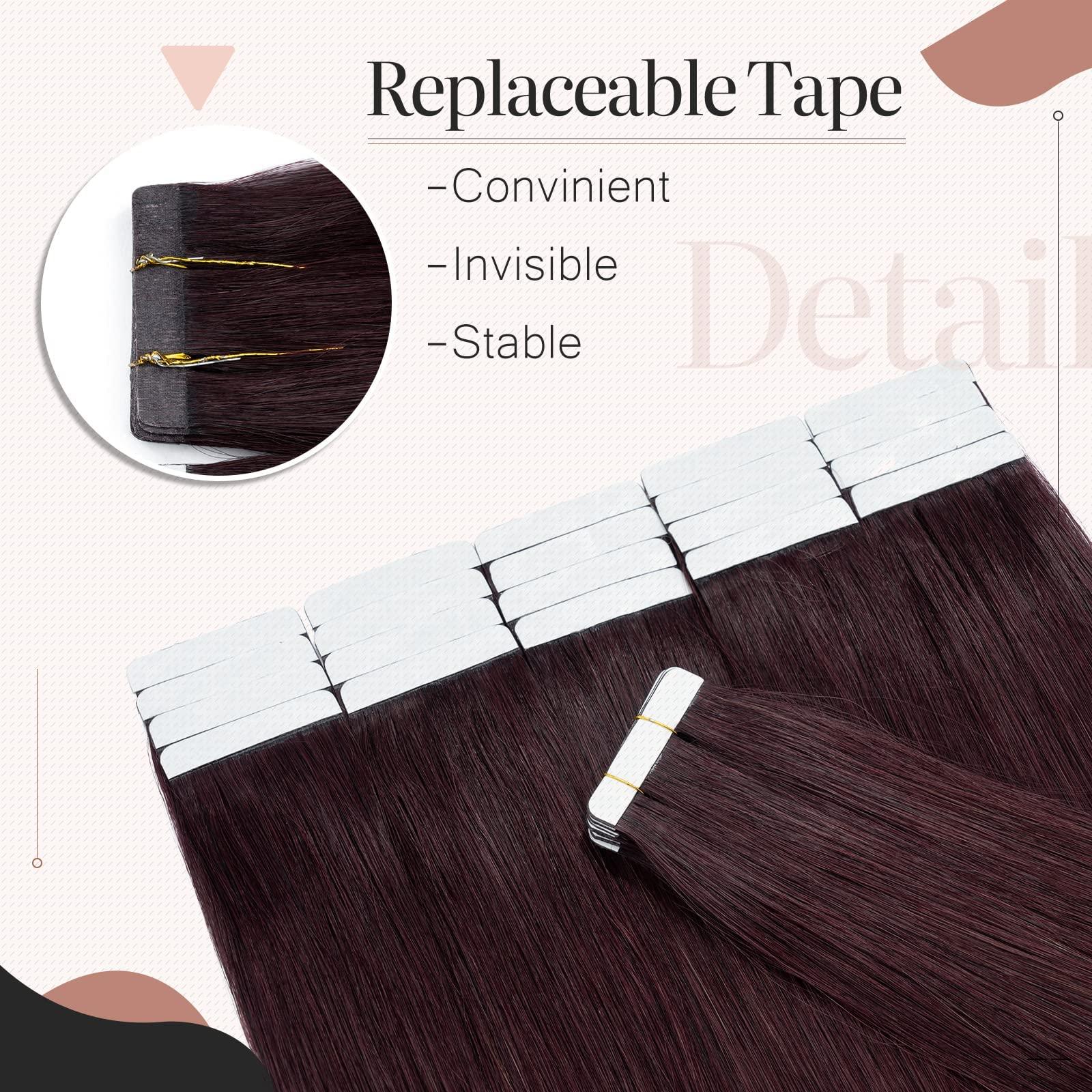 Silk-co 20pcs Tape in Hair Extensions 100% Remy Human Hair Straight Skin Weft Hair Extensions (12inch 40g, 20pcs/set, 99J Wine Red) 1