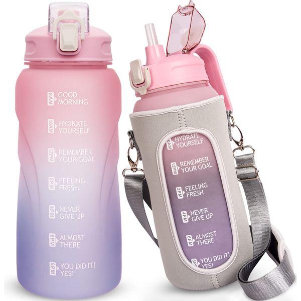 Justfwater 2L Sport Motivational Water Bottle with Straw BPA Free Drinking Bottle 2 Litre with Time Marker for Fitness Gym 0