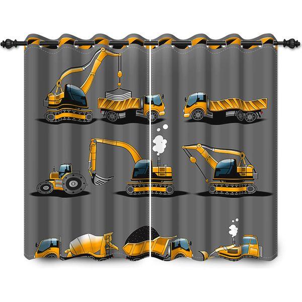 YONGFOTO 168x229cm Construction Truck Blackout Curtains Cartoon Excavator Yellow Kids Machinery Car for Living Room Children's Bedroom Window Drapes, 2 Panel Home Set With Holes, Black