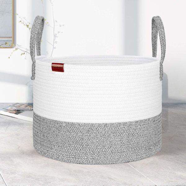 Aoohun Cotton Rope Laundry Basket, Woven Storage Baskets Collapsible Toy Hamper Storage Organiser Grey Small 40 x 28 cm 2