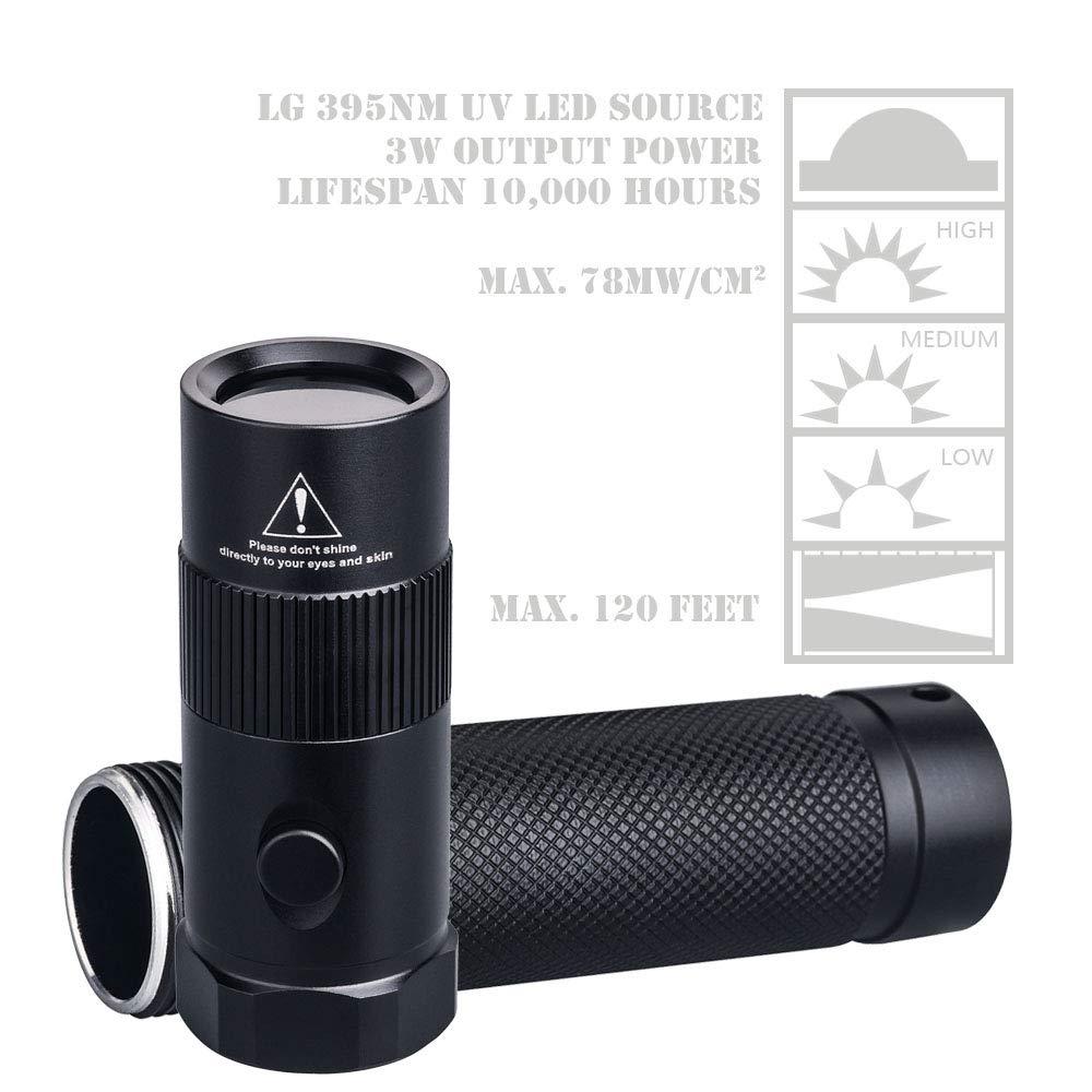 LIGHTFE UV Torches Flashlight 395nm UV302A with LG LED Source,18650 Rechargeable Battery (Included), Max.3000mW Power Output for UV Glue Curing, Pet Urine Detection, AC leak detection 1