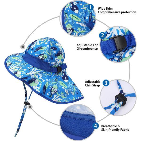 GLAITC Sun Hat Kids, Summer Cap with Neck Flap Adjustable Girls Boys Sun Hat UV Protection Beach Hat with Chin Straps Wide Brim Summer Visor Cap for Baby Toddler and Kids, 3-10 Years (Blue) 4