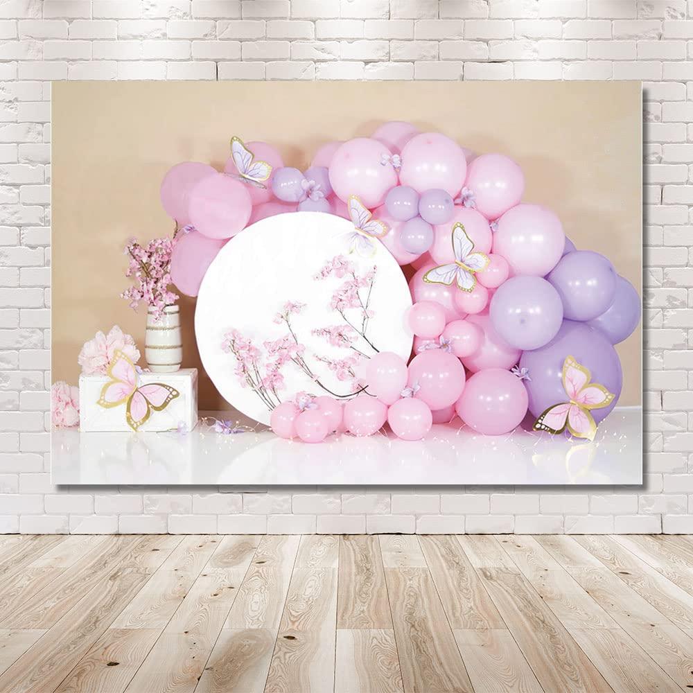 MEHOFOND 7x5ft Pink Girl Birthday Photography Backdrop Flower Balloons Butterfly Newborn Portrait Family Party Background Banner Cake Smash Decoration Photo Studio Booth Props Supplies 1