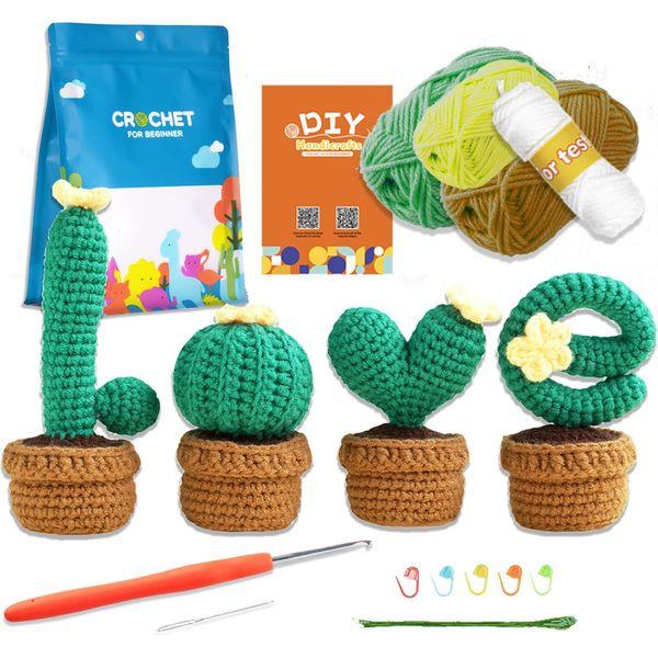 MISUMOR Crochet Kit for Beginners, 4 PCS Love Cactus Potted Plants, Crochet Kit for Starter Complete Adults DIY Crocheting Knitting with Step-by-Step Video Tutorials