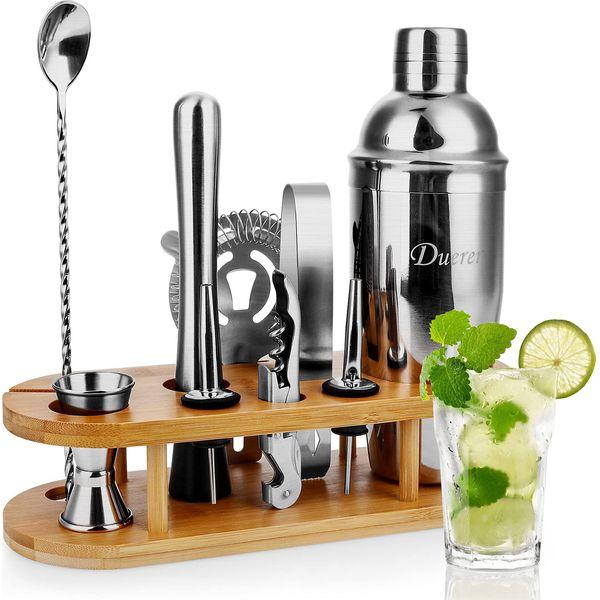 Duerer Bartender Kit with Stand, 11-Piece Cocktail Shaker Set, Bar Tool Set Perfect Drink Mixing - Bar Tools: Martini Shaker, Jigger, Strainer, Mixer Spoon, and More - Best Bartender Kit for Beginners