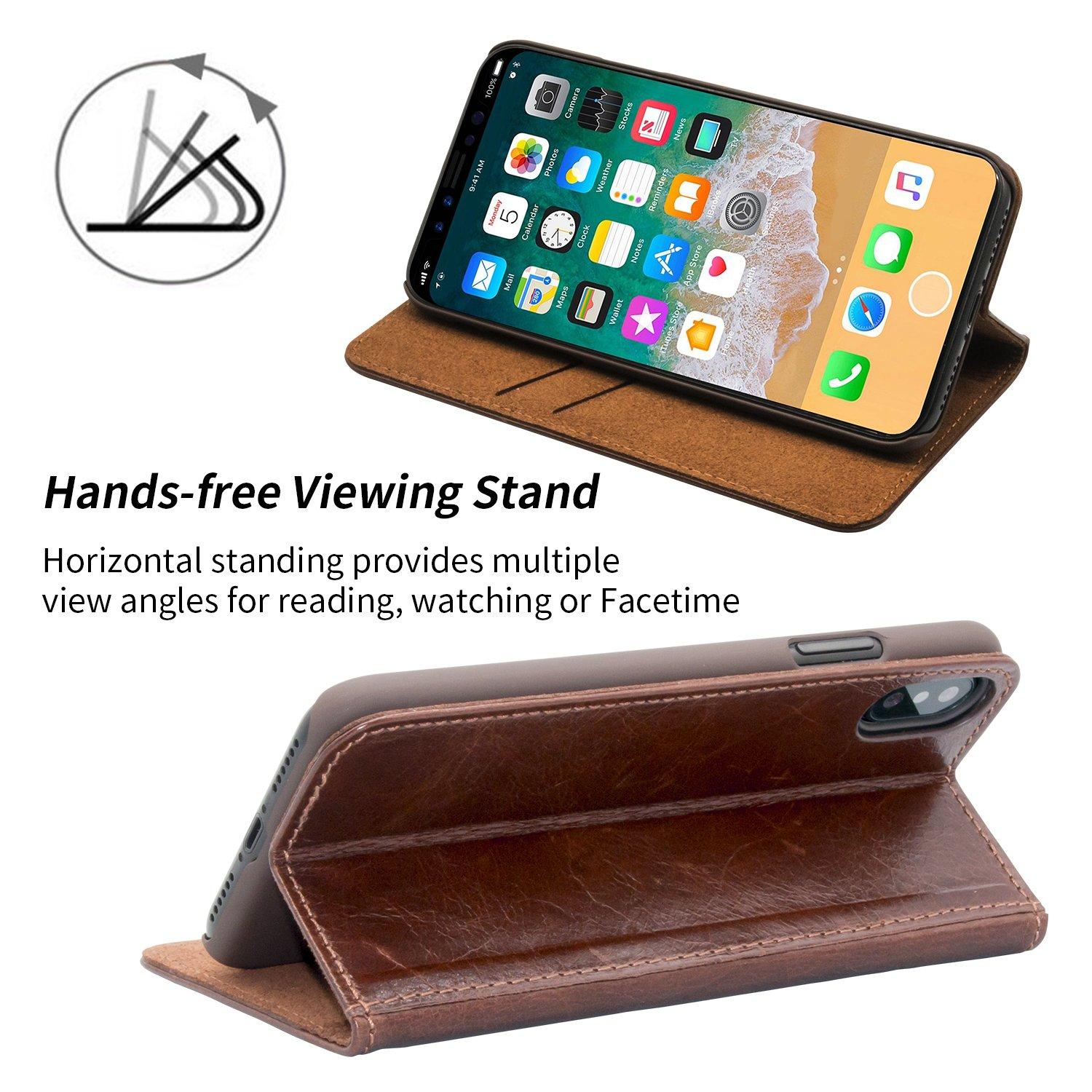 iBazal iPhone XS Case Leather, iPhone X Case Genuine Leather Case Ultra Soft Flip Cover Protective Stand Case with 2 Card Slots Compatible iPhone XS 5.8'' 2018/iPhone 10 5.8'' 2017 - Brown 3