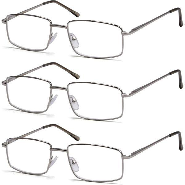 Eyekepper 3-Pack Readers Rectangular Spring Temple Large Metal Reading Glasses Men Silver 0