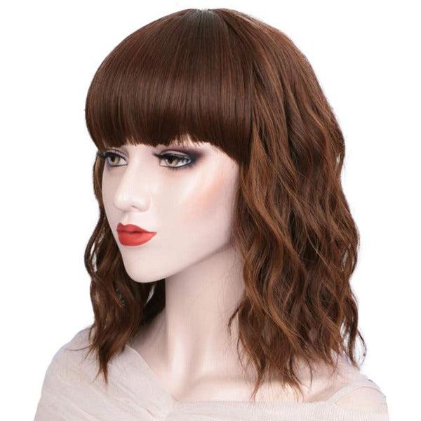 ColorfulPanda Synthetic Brown Highlights Bob Wig with Fringe Short Wavy Curly Wigs for Women Natural Looking Heat Resistant Full Wig for Daily Wear or Cosplay Auburn wig 1