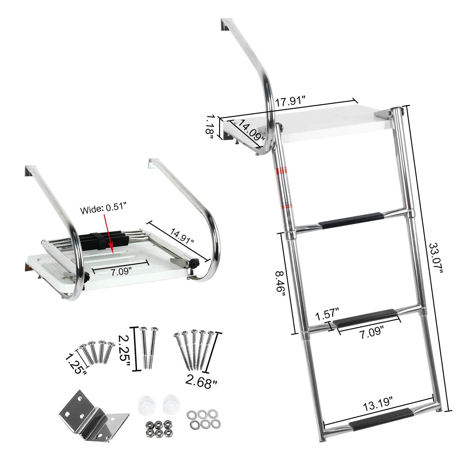 DasMorine 2 Step Telescopic Boat Ladder with Fiberglass Swim Platform, Stainless Collapsible Step Ladder 1 Handrails Inboard Transom Platform Boat Ladder for Pontoon Dock (Includes screws) 1