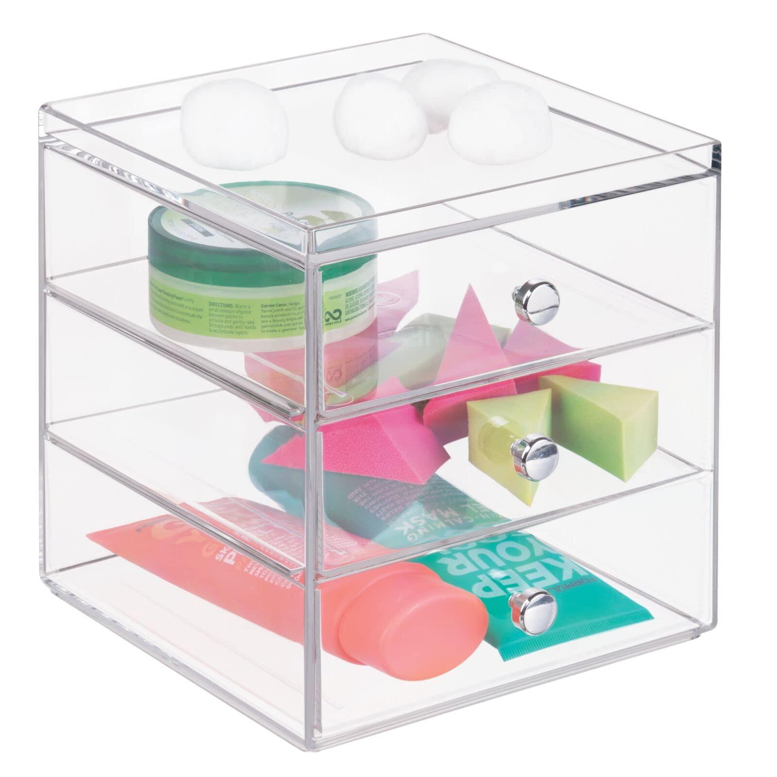 mDesign Makeup Organiser - Makeup Storage Unit with 3 Drawers - Accessory and Cosmetic Storage Box - Clear 0