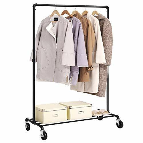 SONGMICS Heavy Duty Metal Clothes Rack on Wheels, Holds 90 kg, Industrial Design, Coat Stand with 1 Clothes Rail and Shelf, for Bedroom Laundry Room, Black HSR61BK 1