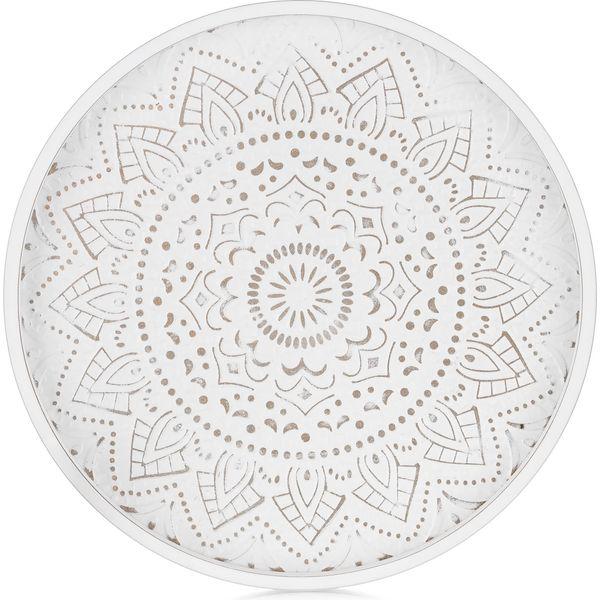 Hanobe Round Decorative Coffee Tray: Rustic White Table Tray Decor Farmhouse Centerpiece Wood Circle Tray Floral Serving Trays for Kitchen Counter Boho Ottoman Tray for Home 0