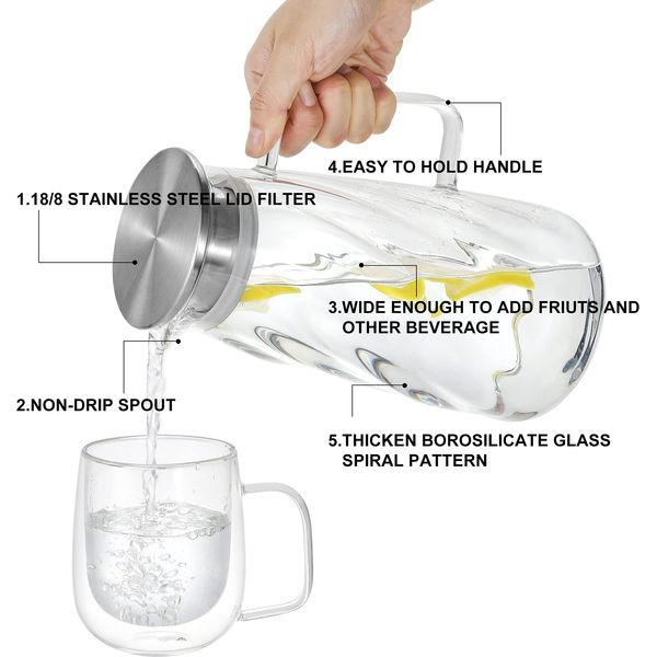 1.7 Liter Heat Resistant Borosilicate Glass Carafe - Iced Tea Pitcher - Lead-Free Borosilicate Glass Beverage Jug - Tea Pot Lemonade Dispenser ice Tea Coffee Milk and Juice Beverage Carafe 2