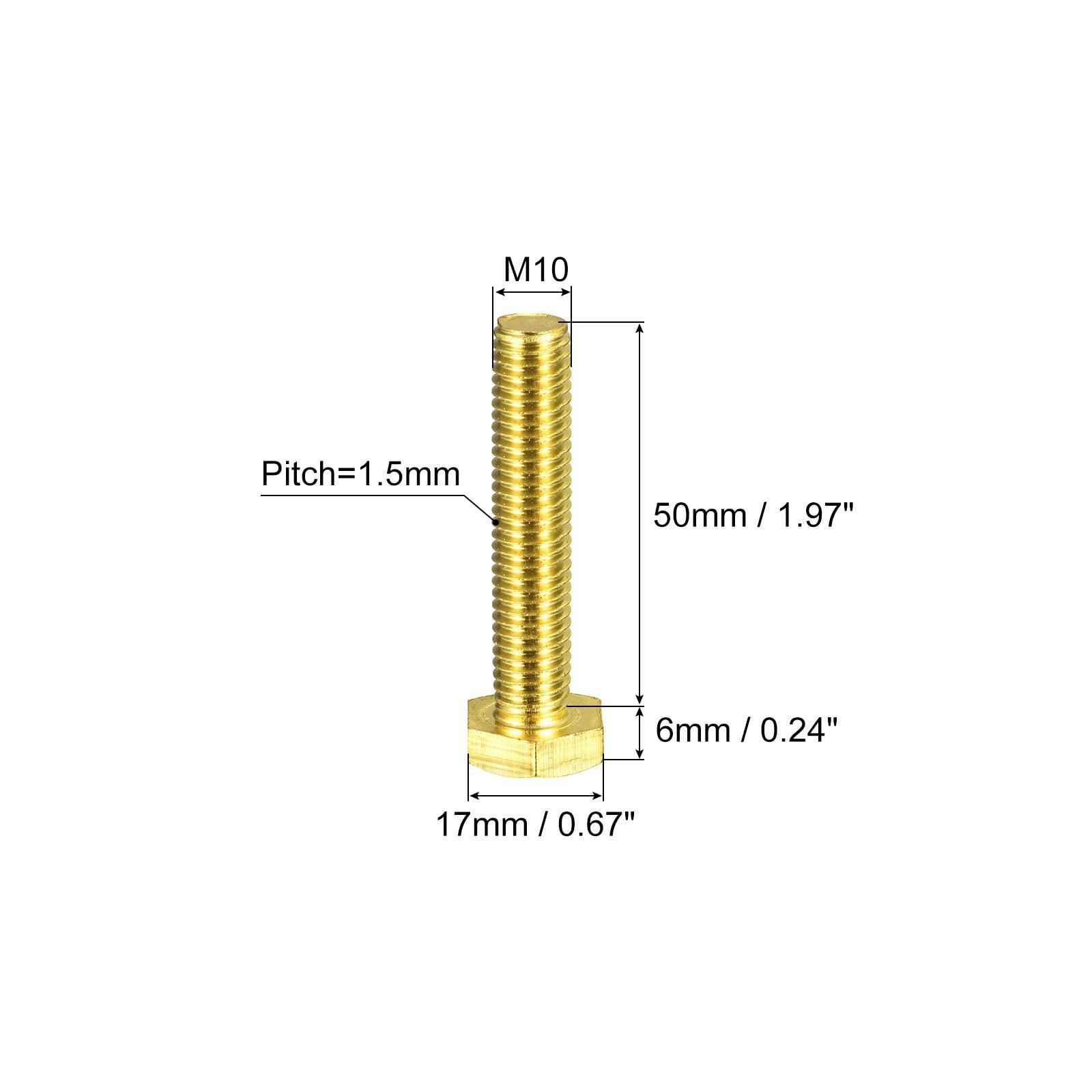 sourcing map Brass Hex Bolts, M10x50mm 1pcs Fully Thread Grade 4.8 Solid Brass Hexagon Head Bolt Machine Screws for Machinery 1