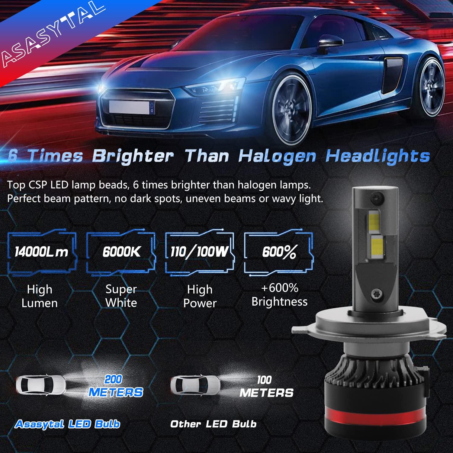 Asasytal H4 LED Headlight Bulbs,6000K CSP Chips Brighter Cool White 110/100W 14000LM Hi/Lo Beam DRL Fog Light, Custom Drive Compatible with BMW Mini for Halogen and Xenon Conversion Kit, 2 Pcs 2